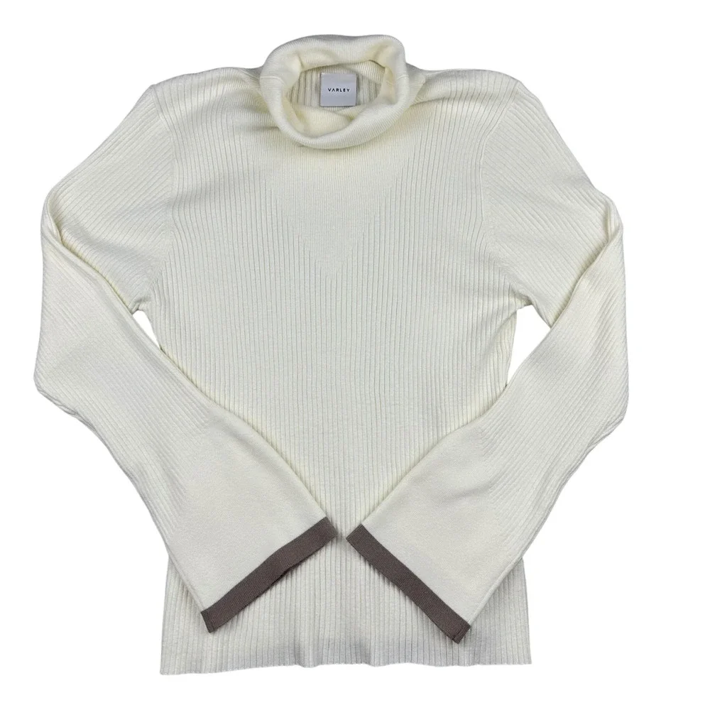 Varley Womens Ravena Rib Knit Turtleneck Top Sweater Cream Taupe Trim L Orig 128